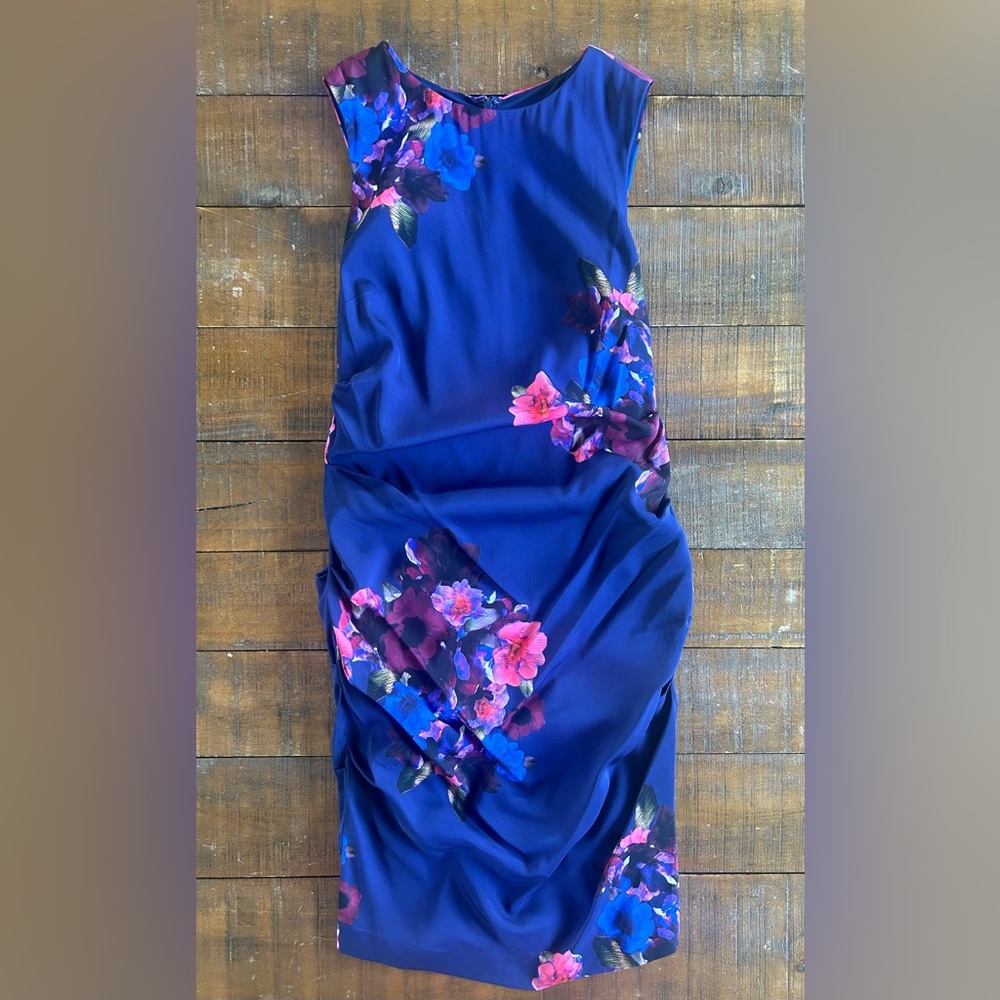 $385 Nicole Miller Collection Navy Floral Sleeveless Ruched Cocktail Dress
